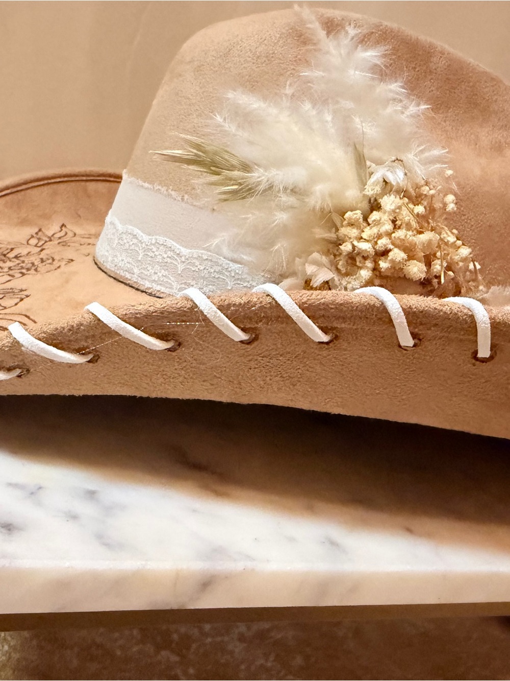 Custom burned cowgirl tan suede Wide Brim Hat with Lace Band - Picture 7 of 12